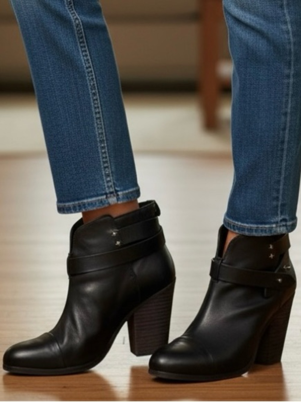 Rag & Bone Harrow Black Leather Western Stacked Block Heel Ankle Boot EU38.5 US8